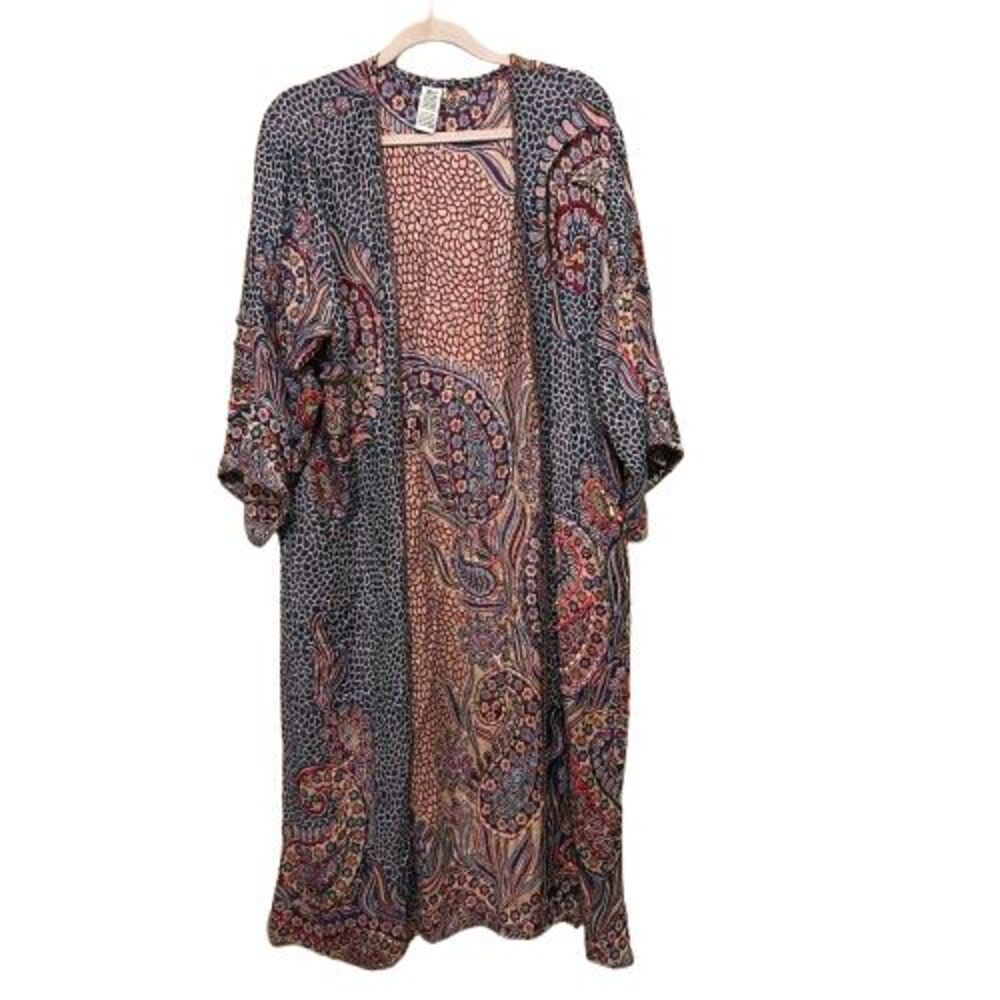 Raj Paisley Yarn Embroidered Kimono Duster Maxi Open Front Womens One Size Boho